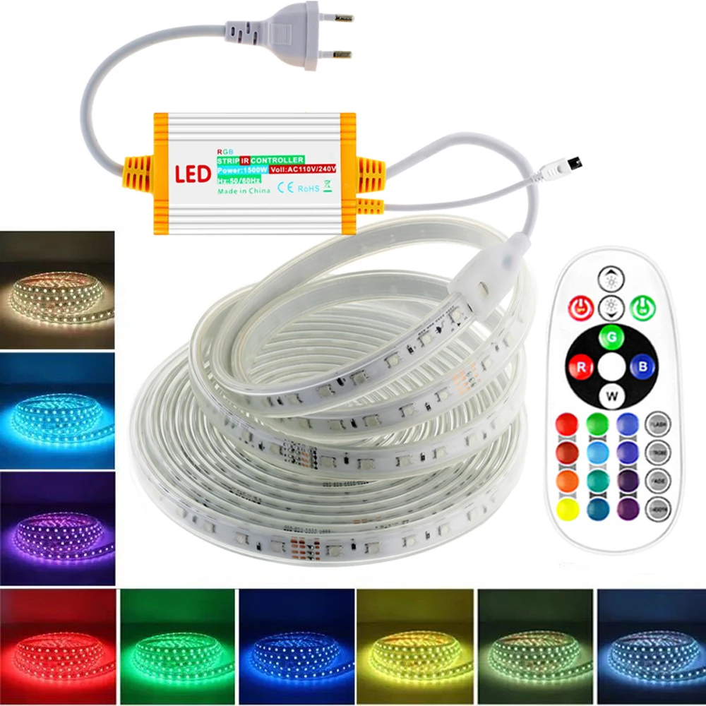 RGB LED Strip Light 220V Waterproof/Multi-Colors/Multi-Modes/Dimmable SMD5050 Rope Lamp With Remote/EU Plug for Garden Building