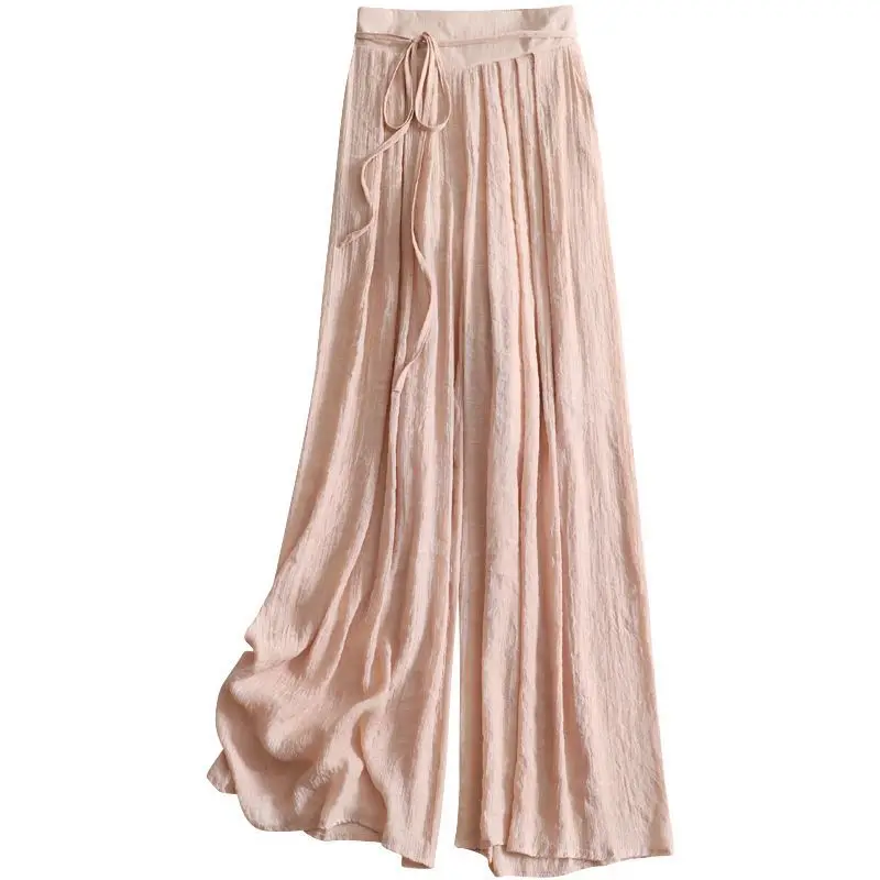 2026 High-end Cotton and Linen Flowing Pants, Summer Pleated Texture Pleated Draping Loose Fit Slimming Casual Wide-leg Skir