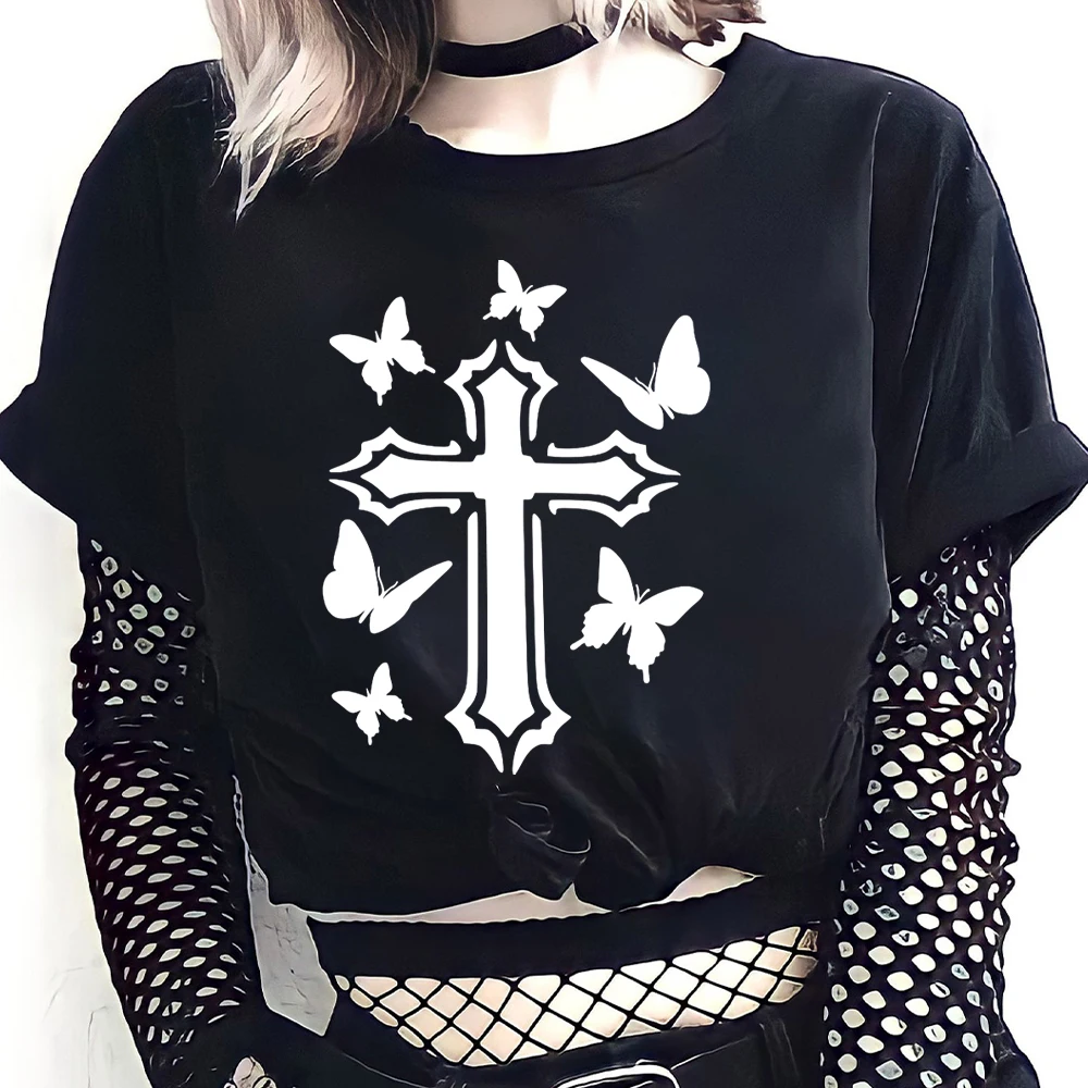 Aesthetic Cross Butterfly Print Women T-Shirt Harajuku Gothic Short-Sleeved T Shirt Female Streetwear Unisex Punk Clothes Tops