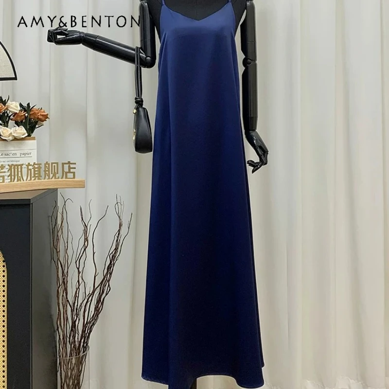 

French Design Navy Blue Slimming Temperament Women's Sling Dress 2026 Summer New Elegant Sleeveless V-neck Long Dresses Ladies