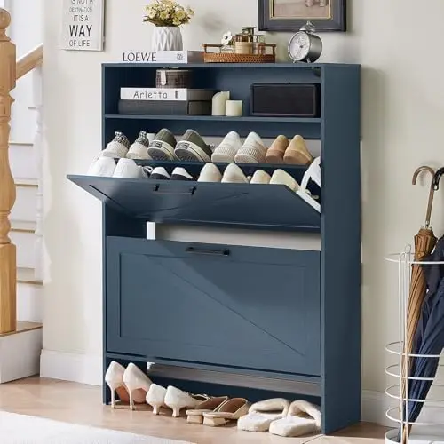 Shoe Cabinet Storage for Entryway with 2 Flip Drawers Open Storage Layer Rack Narrow Organizer Slim Hidden Wood Shoe