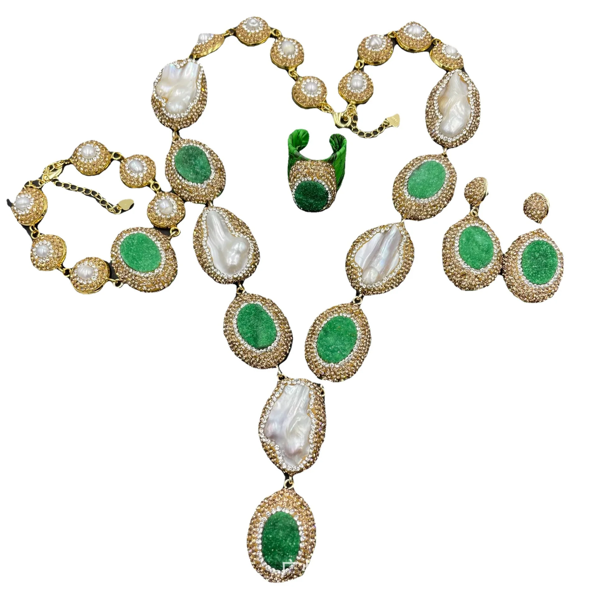 Baroque pearl necklace set, natural jade crystal teeth, exquisite Czech crystal four-piece set, pendant earrings, ring bracelet