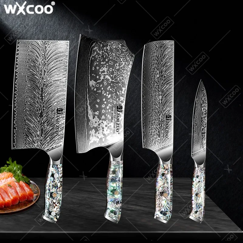 WXCOO 1-4PC Knife Set Damascus Steel Chef Knife Ultra-Sharp Kitchen Knives Japanese Santoku Meat Cleaver Boning Knife with Box