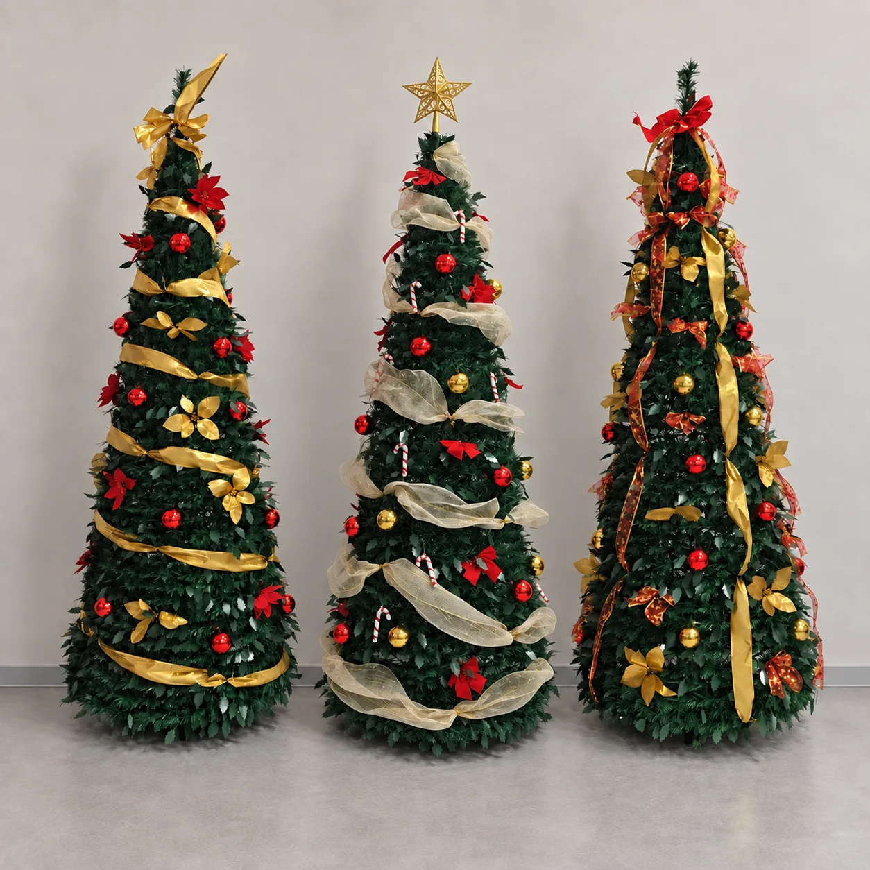 Foldable PVC Christmas Tree 1.5M Pre-Decorated Bow Topper Flowers with Storage Bag Optional USB Lights Xmas Holiday Indoor Decor