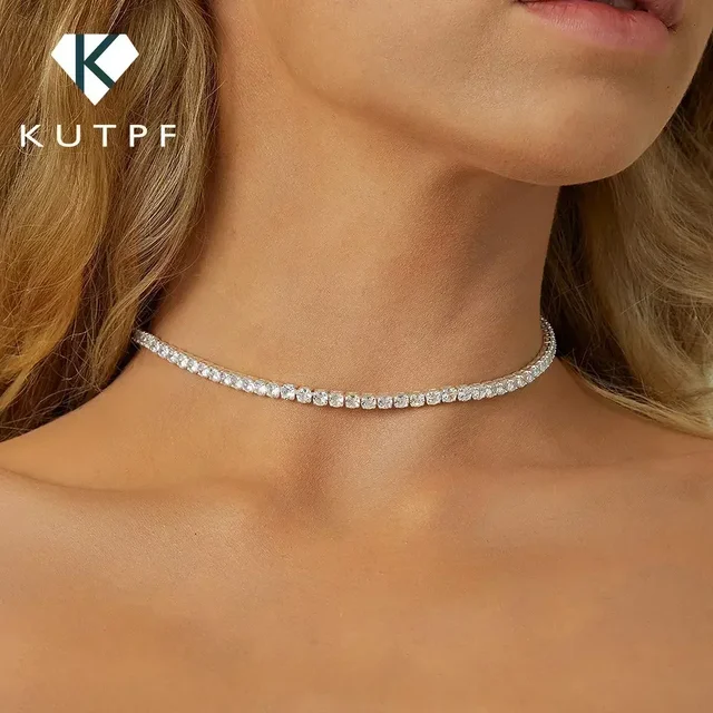 Naszyjnik tenisowy z moissanitami 2mm dla kobiet, posrebrzany srebrem próby 925, pozłacany 18-karatowym złotem, błyszczący naszyjnik choker z diamentami, regulowany naszyjnik typu riviera.