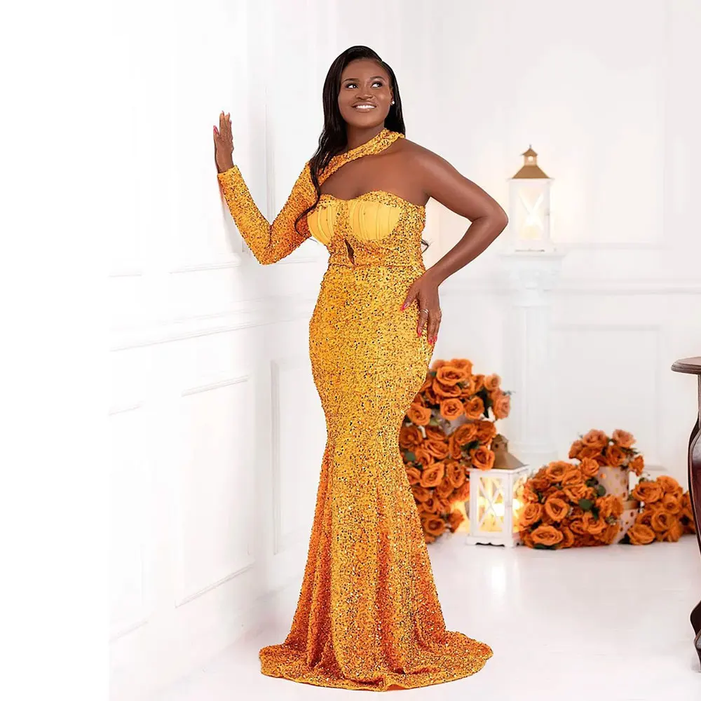 Glittery Geel Lovertjes Zeemeermin Avondjurken Vrouwen Luxe Een Schouder Halter Prom Jassen Sexy Vloerlengte Formele Party Gewaad