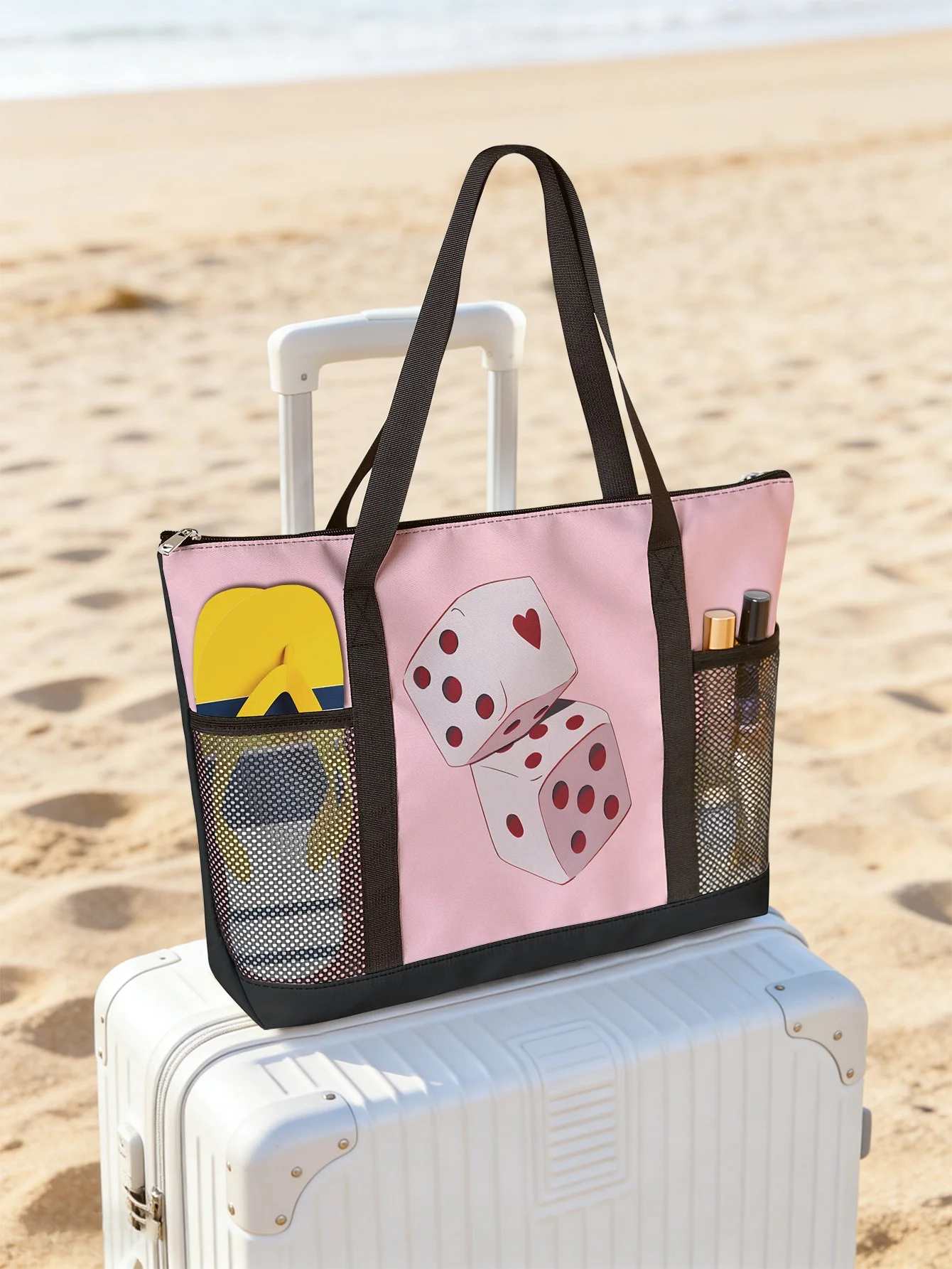 

Love dice printed handbag, large capacity women's beach bag, waterproof travel shoulder bag with mesh pockets