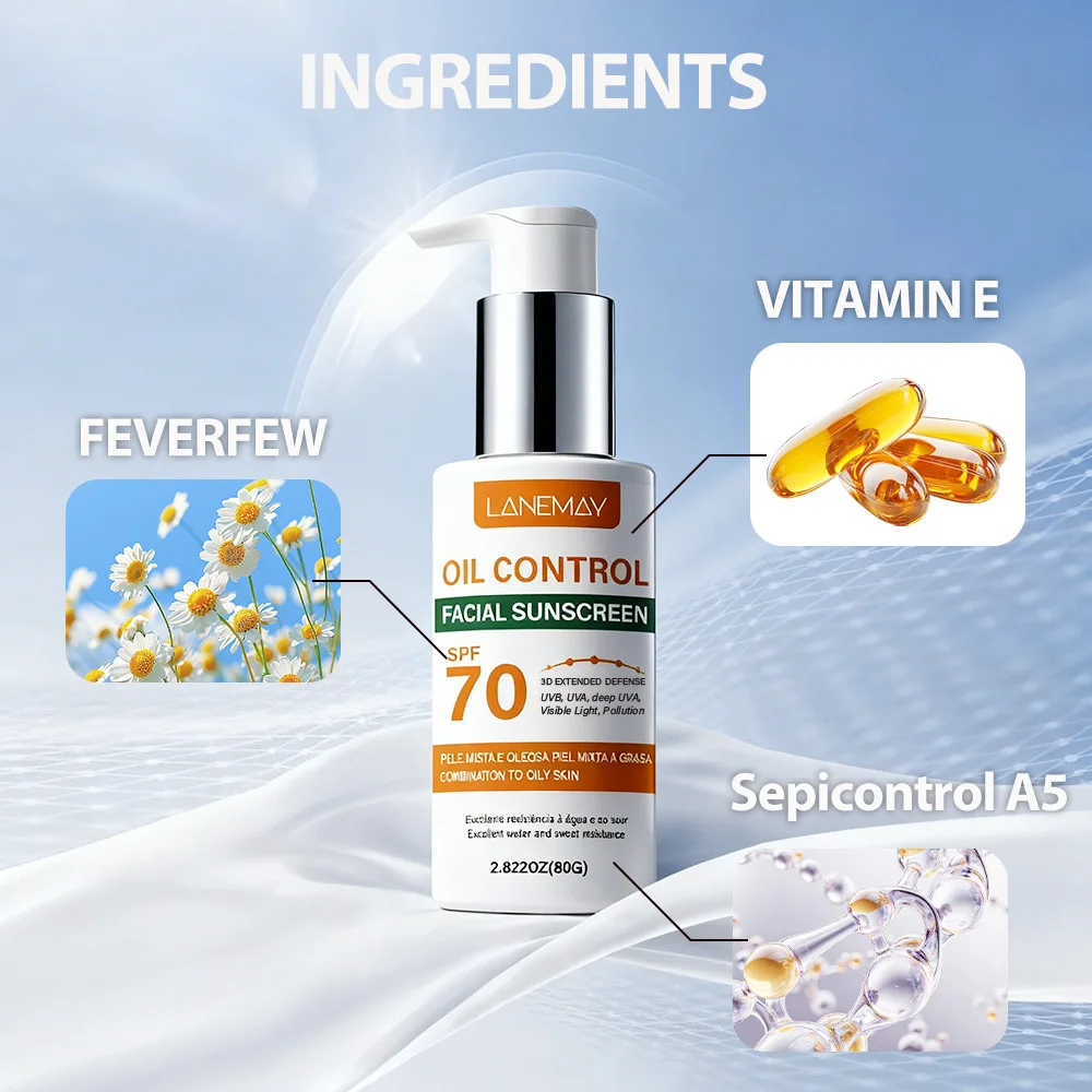 Oil Control Facial Sunscreen SPF 70 | 3D Extended Defense for Oily Skin, Up to 86% Oil Reduction & Water-Resistant, 80g