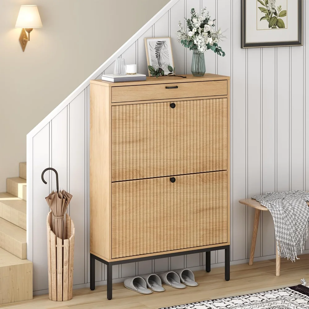 

Shoe Storage Cabinet with 2 Flip Drawers&1 Small Drawer, Slim Shoe Organizer with Fluted Panel Doors for Sneakers
