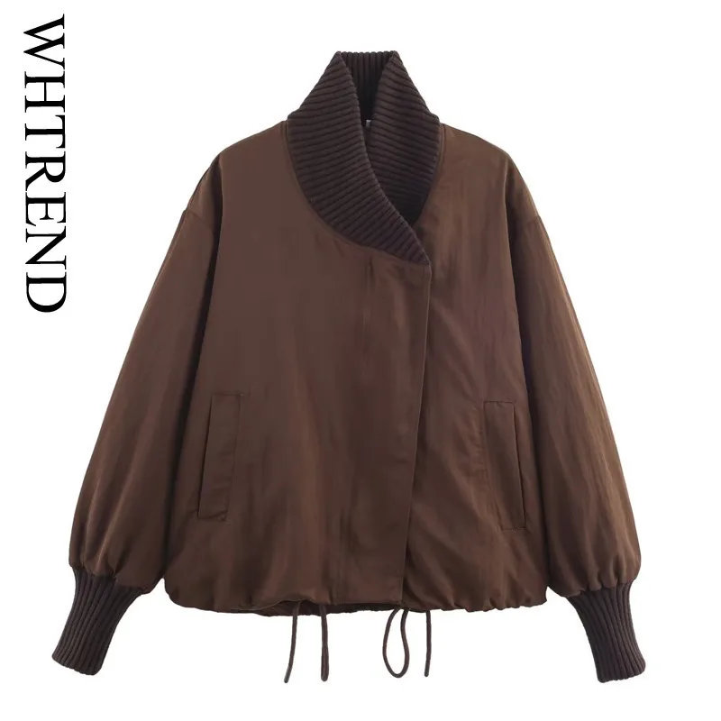 

WHTREND Women's Patchwork Drawstring Jacket Long Sleeves Brown Baseball Coats Autumn Winter New Style WH2199