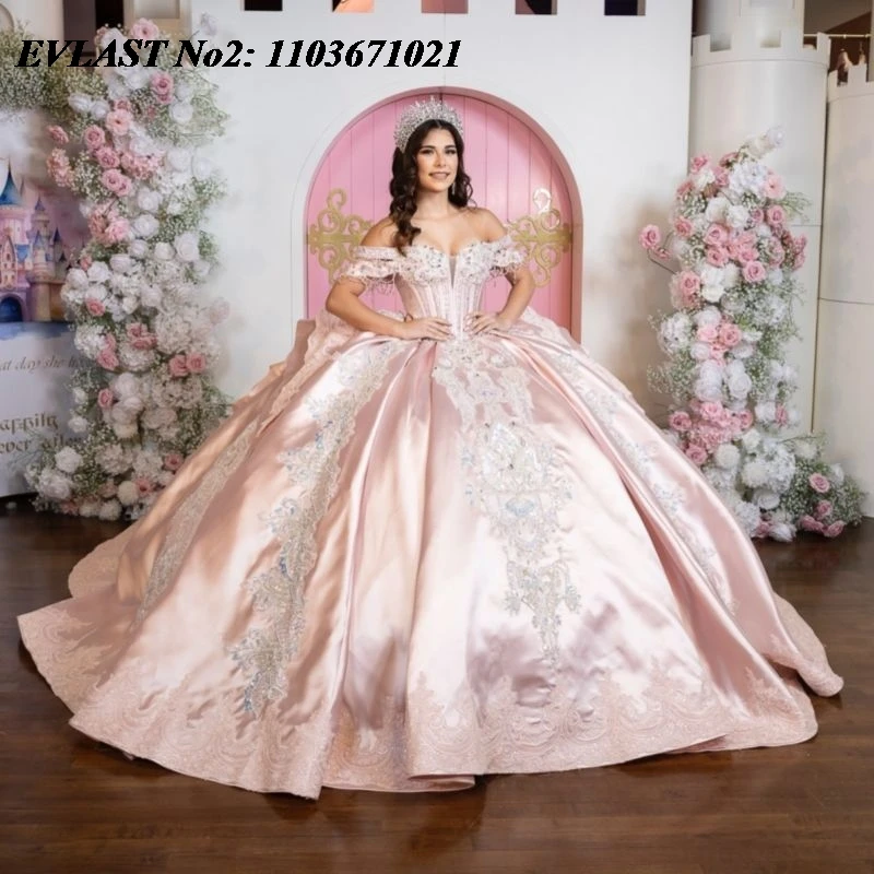 EVLAST Vestido de Quinceañera Personalizado Color Rosa Rubor Mexicano, Vestido de Gala con Apliques de Encaje, Cuentas y Lazo Grande, Vestidos de 15 Años E2QA315