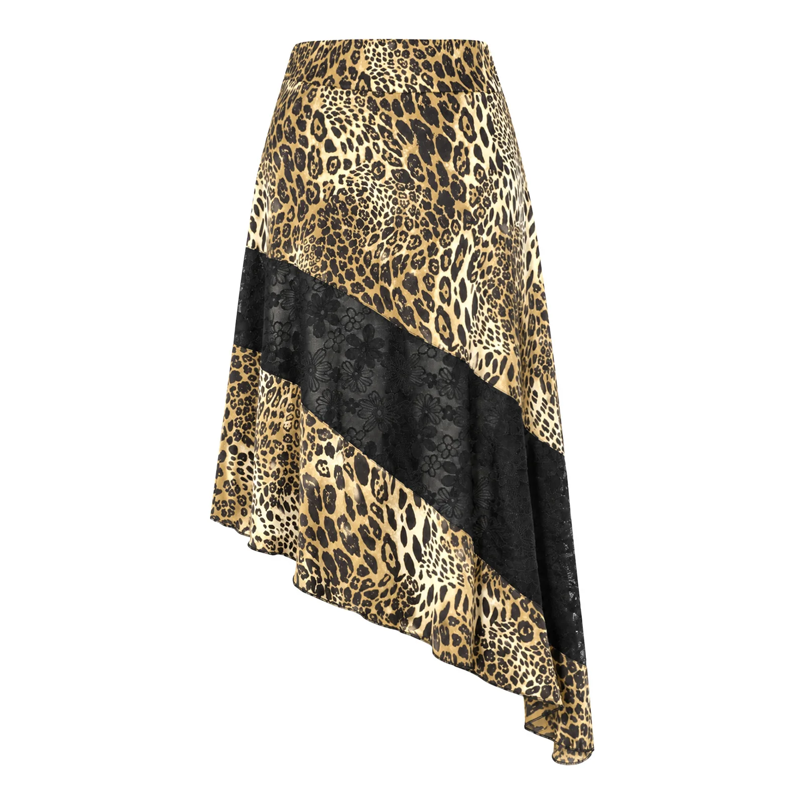 Women Sheer Floral Lace Skirts Patchwork Leopard Print Skirt Side Invisible Zipper Irregular Hem Midi Skirt for Music Festival