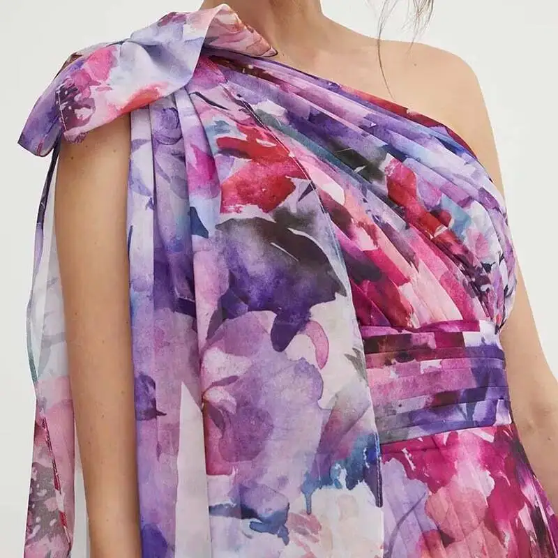 Boho Style Floral Print Pleated Maxi Womens Sexy One Shoulder Bowknot Party Summer Backless Hollow Long Dress