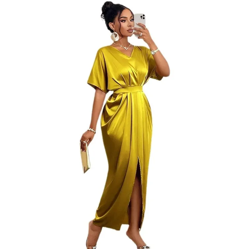 Vestido feminino 2025 primavera estilo temperamento elegante decote em v manga curta cintura alta passo split vestido saia longa bodycon vestido