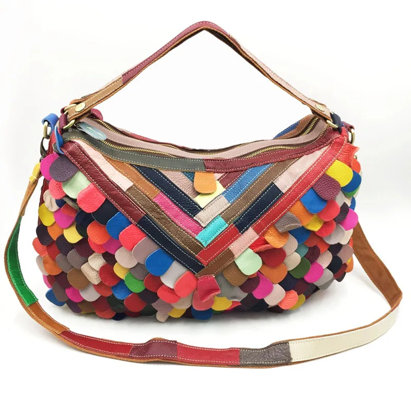 Genuine leather bag Soft colorful pieces of flowers shoulder messenger bag large capacity candy color beach Lady bag wholesale