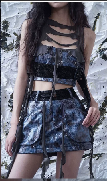 Summer New Sexy Irregular Tassel Fashion Artificial Leather Skirt High Waist A-line Versatile Navy Blue Street Girl Short Skirts