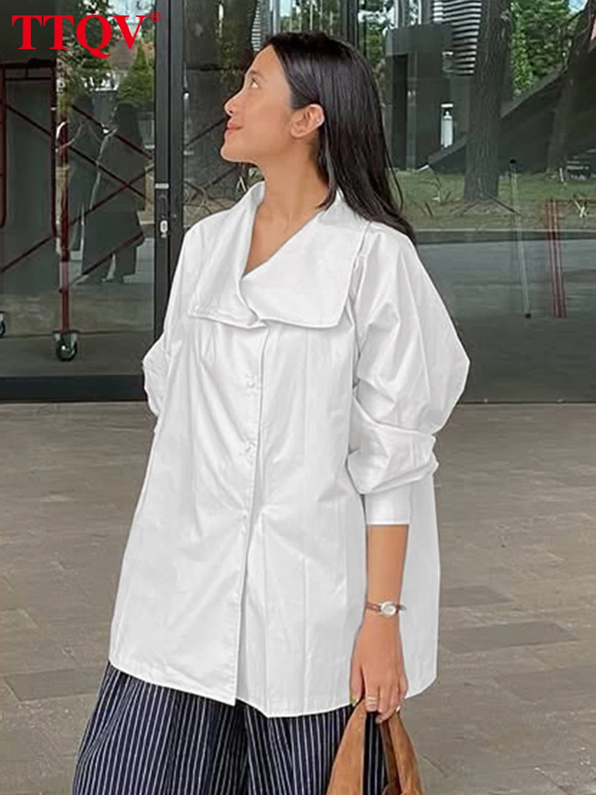 TTQV Blus Wanita Katun Putih Longgar Musim Semi 2026 Kemeja Lengan Panjang Turtleneck Fashion Pakaian Wanita Atasan Solid Klasik Elegan