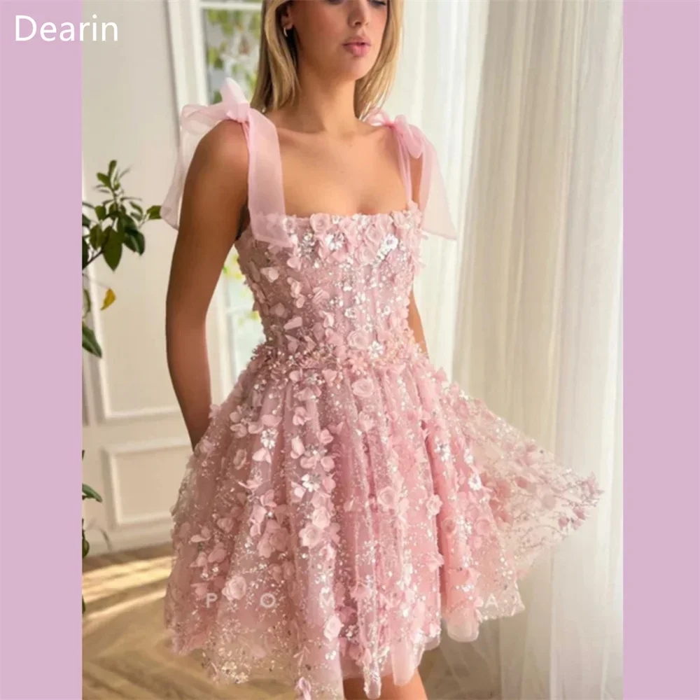 Customized Saudi Arabia Dearin Sheer Straps A-line Mini Length Skirts Layered Draped Tulle Bows Sleeveless Applique Flower Bespo