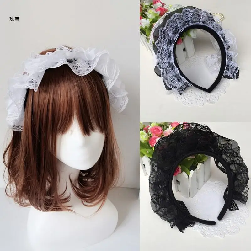 X5QE adornos para cabello para mujer, aro encaje con borde plisado, accesorios Cosplay mucama encaje malla