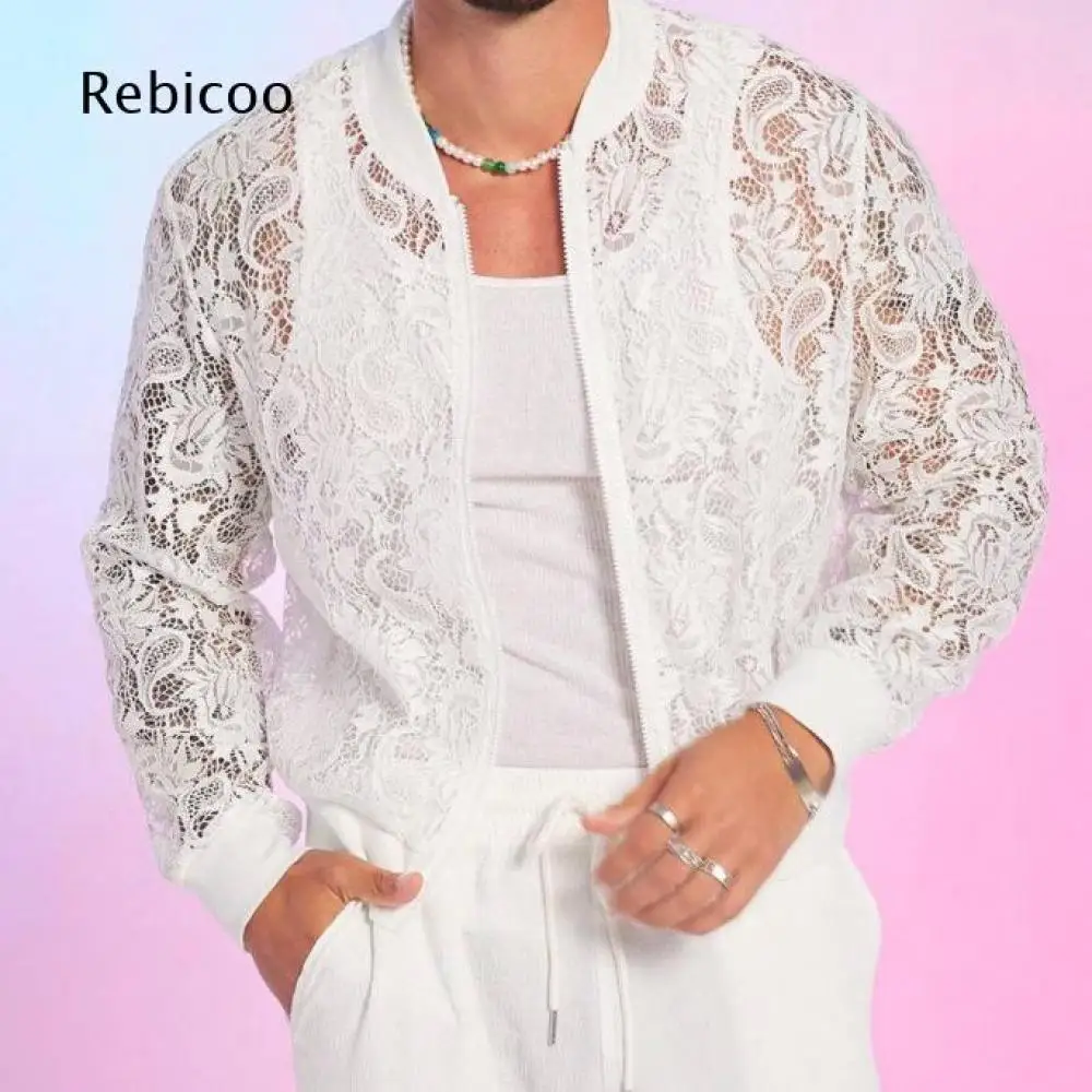 Fashion Stand Collar Lace Bomber Jacket For Men Zip Front Closure Designed For Various Stylish Daily Matching Needs