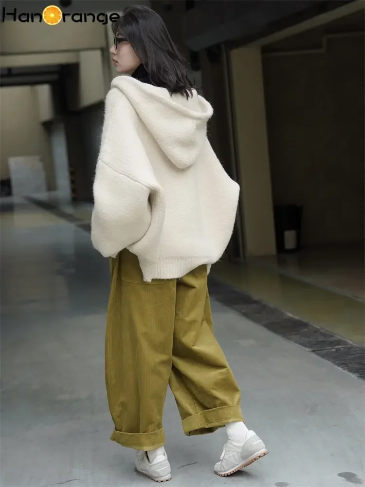 HanOrange 2024 Autumn Winter Slouchy Velvet Hooded V-Neck Sweater Women Loose Silhouette Soft Knitted Top Beige White/Pickled