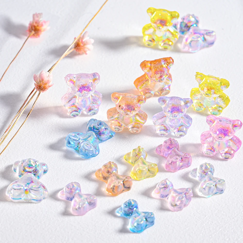 100Pcs Aurora Bear Nail Charms 7-9mm Transparent Resin Jewelry Parts 3D Kawaii Rainbow Bear Japan Nail Decoration Accessories%JL