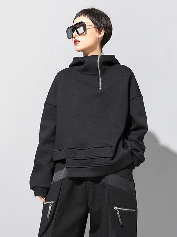 [EAM] Loose Fit Asymmetrical Big Size Sweatshirt New Hooded Long Sleeve Women Big Size Fashion Tide Spring Autumn 2024 19A-a527