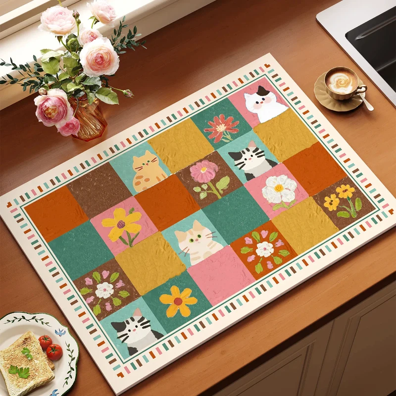 VIKAMA Leopard Patchwork Cats Kitchen Mat for Sink Counter Drainage Drying Pad Table Placemat Washable Aesthetic Home Decor