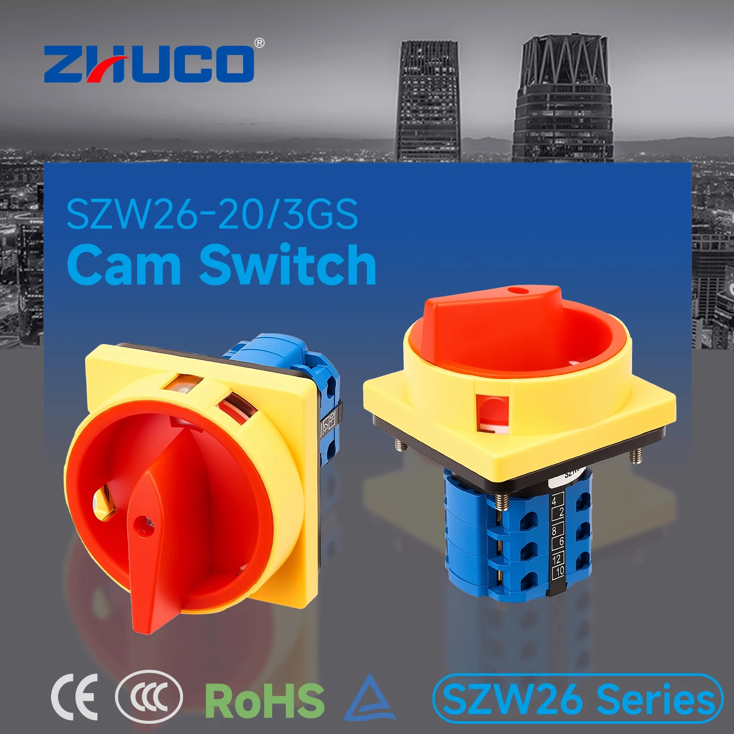 Zhuco 2-Position Selector Switch 20A 690V, 12-Terminal Universal Rotary Cam Selector with Locking Switch, Suitable for Distribution Cabinets, Machine Tools, Industrial Panels (Szw26-20/3Gs, on Off, Off on)