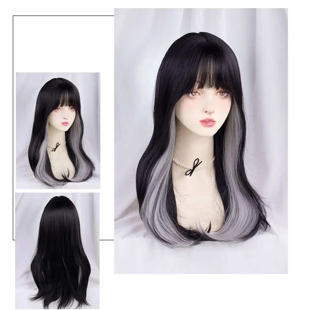 Synthetic Wigs Fashion Gray Ear-hanging Highlights Long Curly Wig Women Simulation Cosplay Full Head Cover