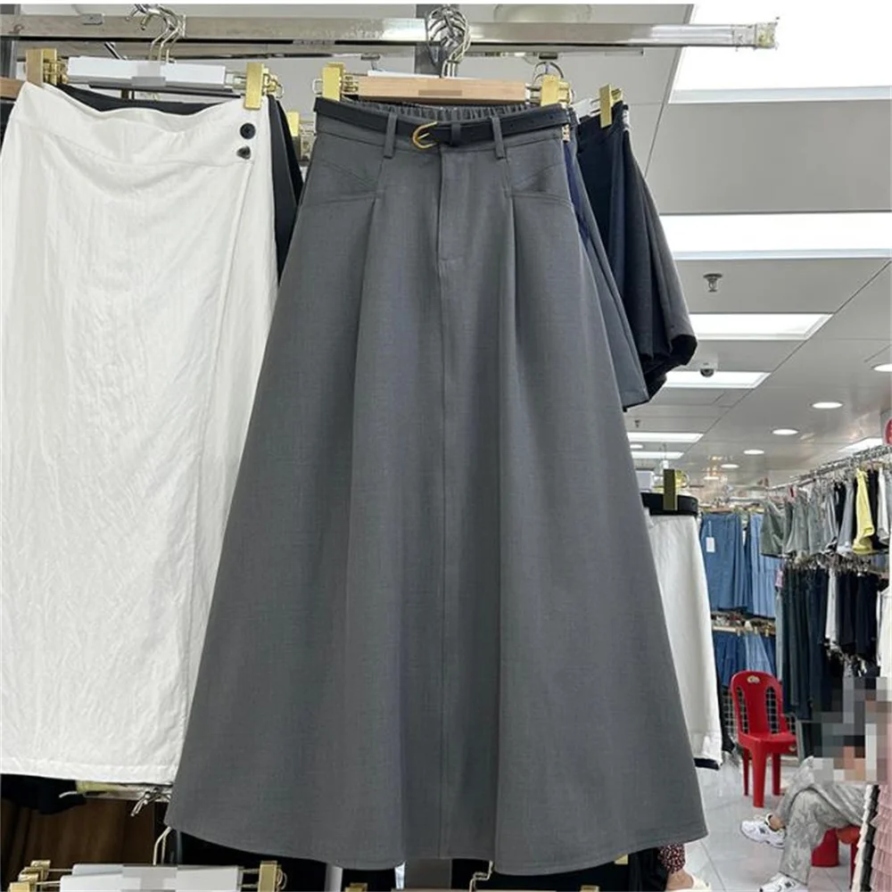 Black gray pleated skirt for women spring and autumn retro high waisted A-line large swing long skirt