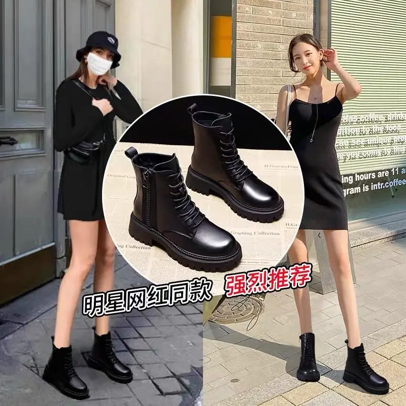 Black PU Leather Ankle Boots Women Autumn Winter Round Toe Lace Up Shoes Woman Fashion Motorcycle Platform Botas