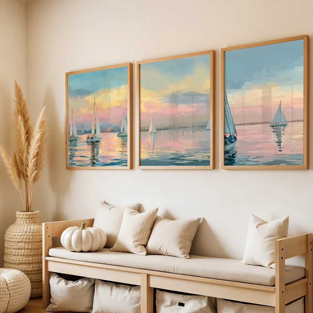 3PCS Frameless,Sailing Sunset 3pcs Poster Canvas Painting Maritime Scene Wall Decorative Painting Suitable Living Room Bedroom H