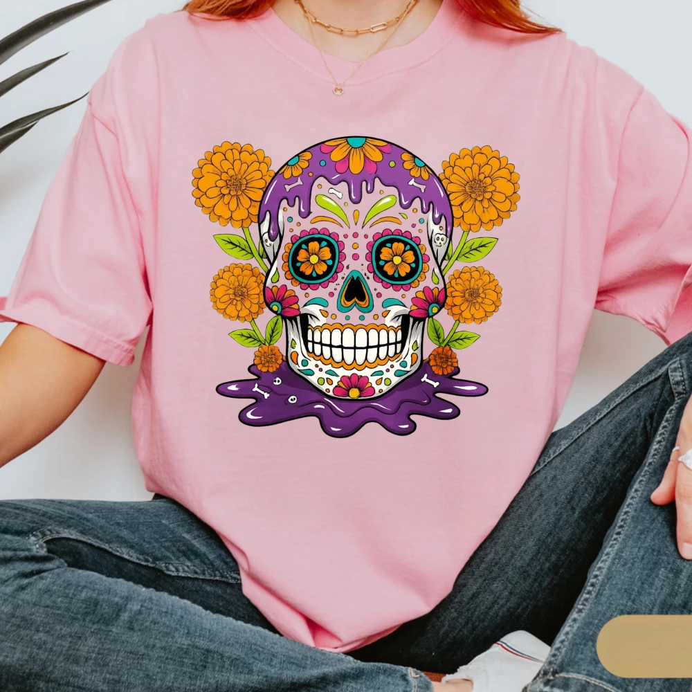 Marigold Sugar Skull Cotton T-Shirt Streetwear Unisex Fashion Tee Day Of The Dead Streetwear Tee Mexican Fiesta Cultural Tshirt