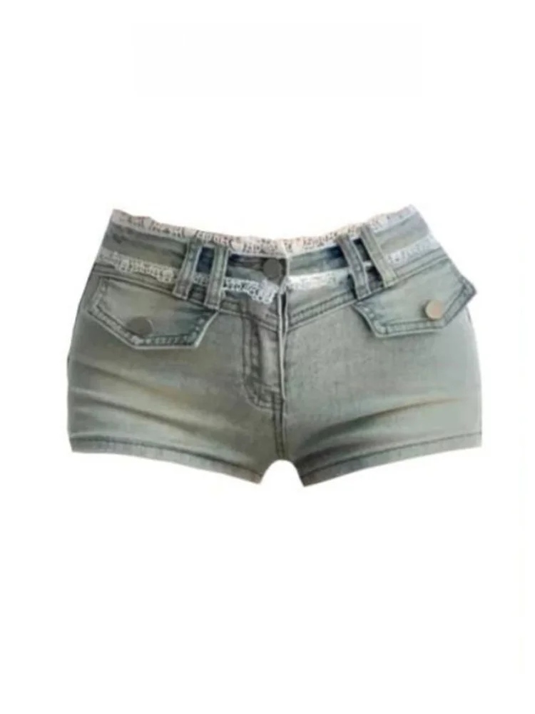 Spicy Girl Lace Patchwork Hip Enhancing Denim Shorts Women's Summer Small Size Low Waist Slimming Tight Fit Butt Short Hot Pants