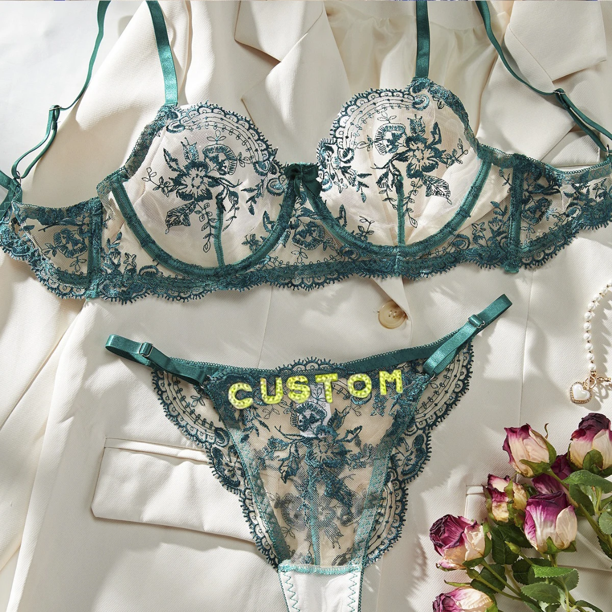 Sexy Custom Thong Name Embroidery Lingerie Set Customized Women Name Thong Sheer Bra + Brief Underwear Set Personalized Gift