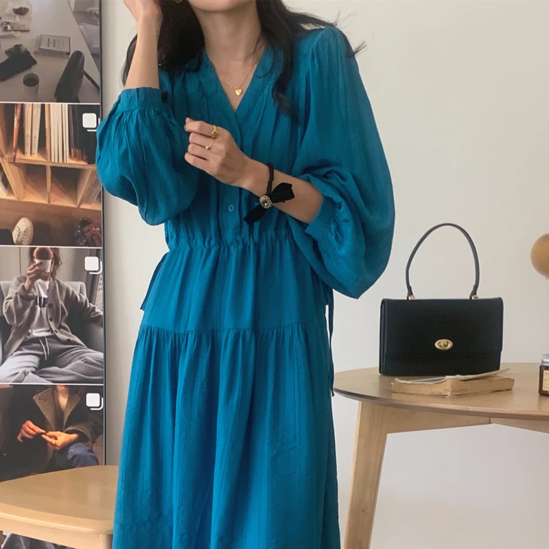 Elegant Vintage Long Dress Drawstring Design Waist Cinching V-Neck Ladies Casual Wear Two Colors Available