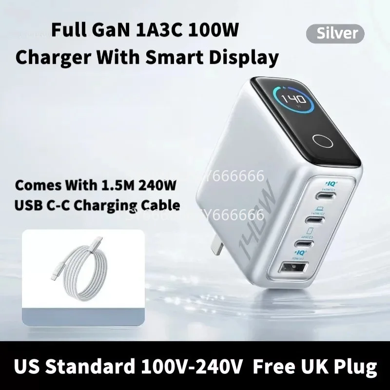 New Fast Wall Charger Compatible With Anker 140W Silver GaN 1A3C 4‑Port With Smart Display US Standard 100V-240V Free UK Plug