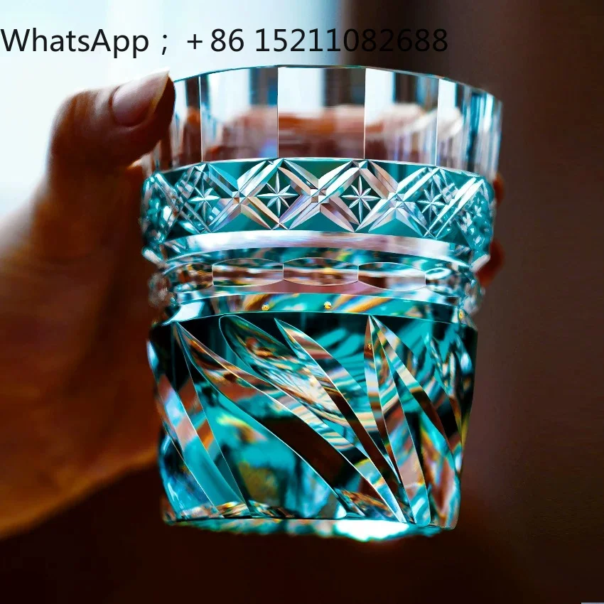 LLY Premium Sense Handmade Engraved Edo Cut Cup Turquoise Green Personality Whiskey Glass Crystal Cup