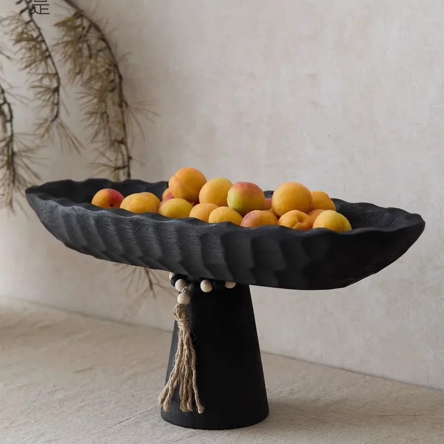 Wabi Sandy Wind Retro Fruit Plate B & B Hotel Living Room Premium Decorations Ornament Solid Wood Old High Foot Plate