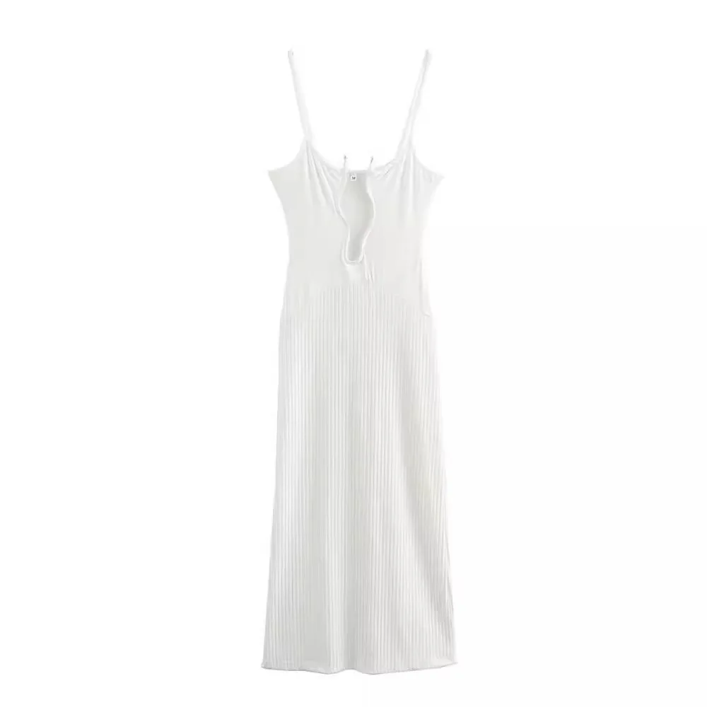 

White V-neck Wavy Hollow Out Sling Knitted Dress Women Elegant Sleeveless Backless Robes 2024 Lady Casual Beach Vacation Dresses
