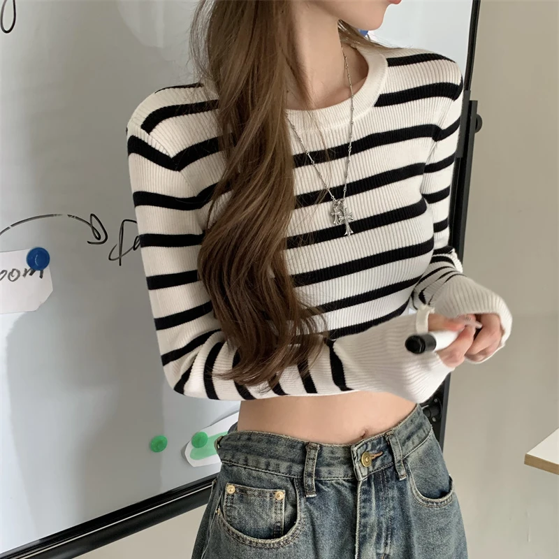 Simple Sweaters Women Full Sleeve Korean Style Thin Spring Letter Contrast Color Cropped Slim Stretchy Hotsweet Fashion Harajuku