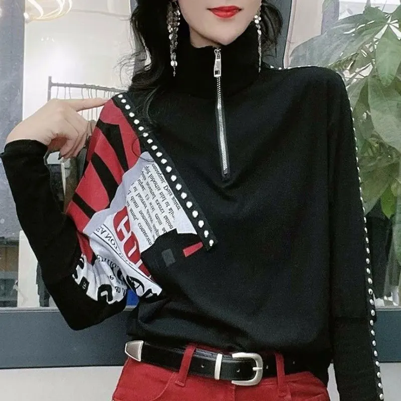 

Streetwear Stand Collar Zipper Shirt Casual Letter Printed Female Clothing Loose Korean 2023 Spring Autumn Stylish Rivet Blouse