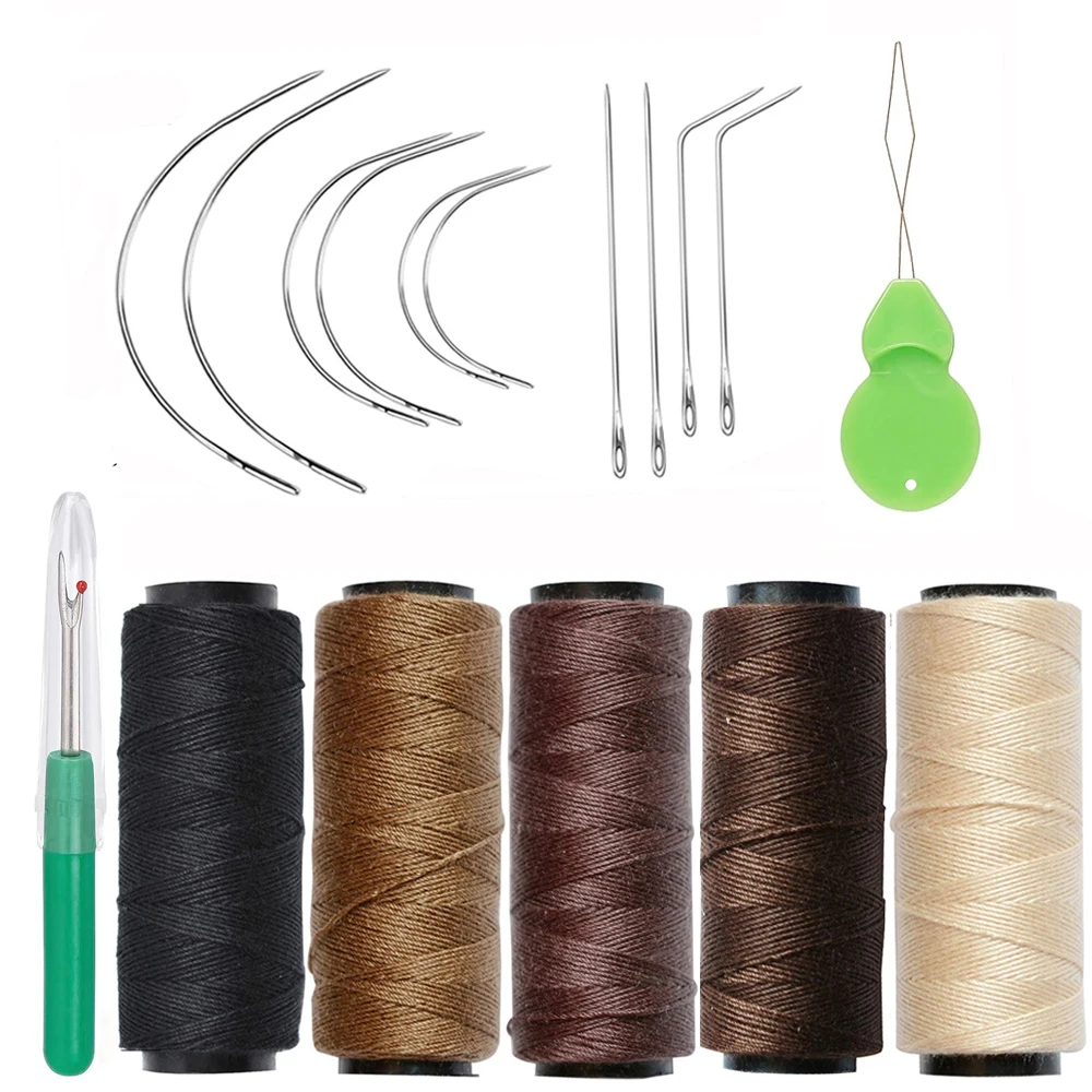 Needle and Thread for Hair Extension, Hair Weave Sewing Threads with C J I Shape Curved Needles for Hand Sewing, Hair Extensions