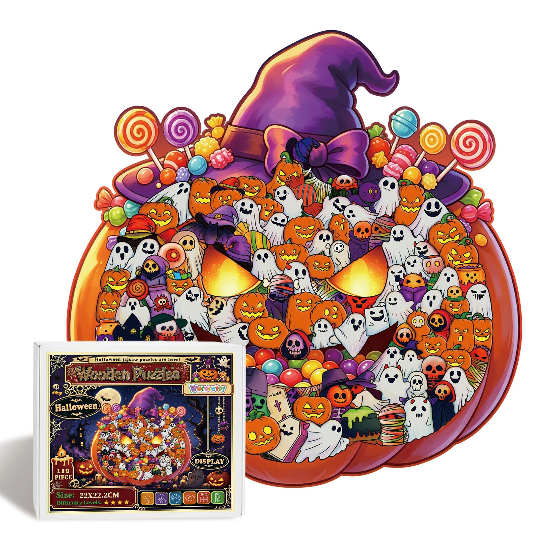Halloween Pumpkin Wooden Jigsaw Puzzle 119Pcs Irregular Shape with Frame DIY Stacking Toy Decor Gift 22x22.2cm