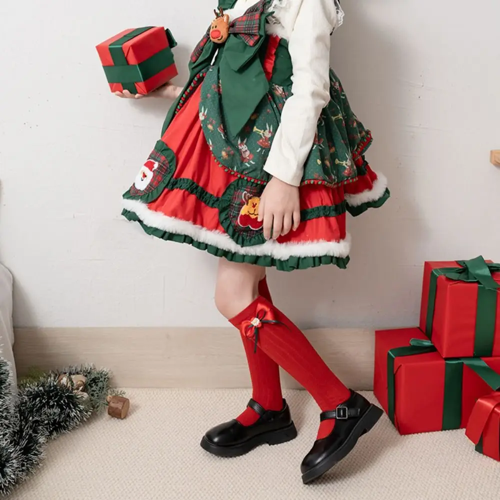Casual Middle Tube New Year Red Socks Green Thicken Bow Hosiery for Cotton Princess Sleeping Socks Winter