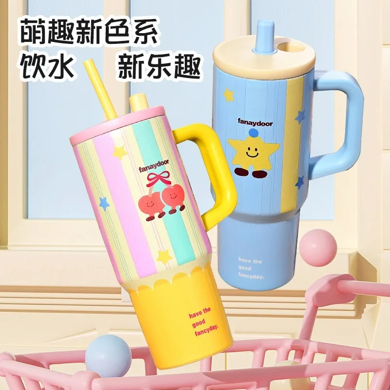 High looks Dopamine Giant Thermos Bottle Hot Cold Cup Large Capacity 2-in-1Leakproof Ice Ba Mug Stainless Steel Office CoffeeCup