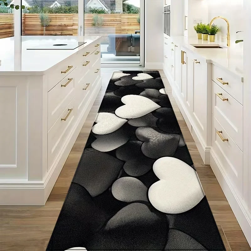 Böhmischer schwarz-weißer, herzförmiger, langer Teppich, rutschfeste Matte, Innenbereich, Eingangsteppich, Schlafzimmer, Nachttischteppich, Küchenteppich