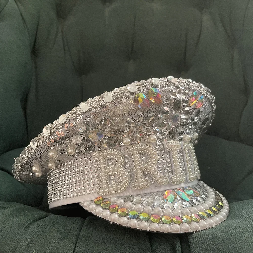 Women Sequin Burning Bride Military Hat  Silver Captain Sergeant Hat Rhinestone Bride Festival Birthday Octagonal Part Hat