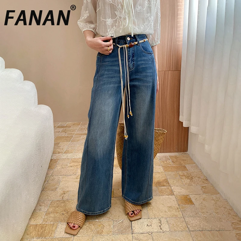 

FANAN Drawstring Design Washed Jeans For Women High Waist Straight Wide Leg Denim Pants Office Lady Trousers 2025 Summer New